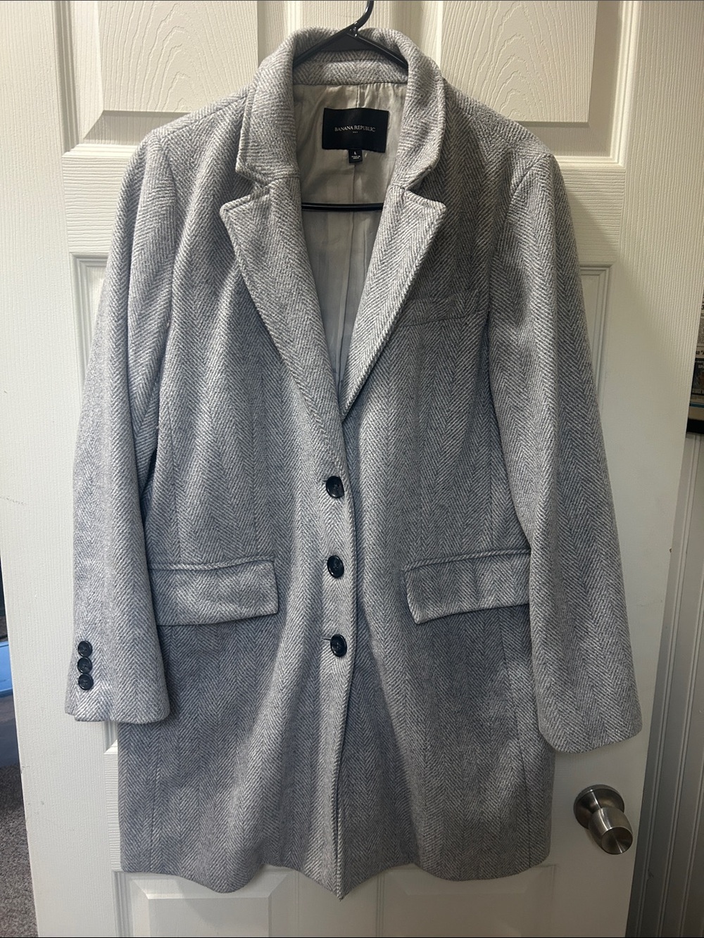 Banana Republic Light Gray Herringbone Wool-Blend Pea Coat